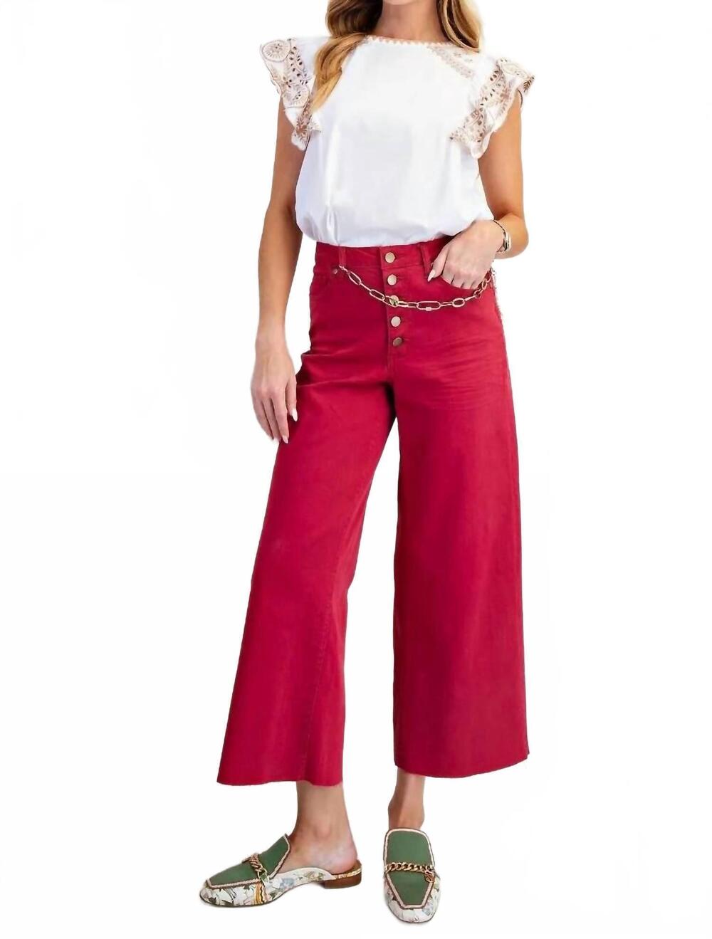 NEW EASEL button-front high-rise twill pants in red velvet